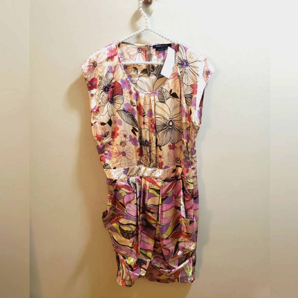 SOLD! BCBGMAXAZRIA Satin Ruched Floral Sleeveless Cocktail Dress Size XL NWT